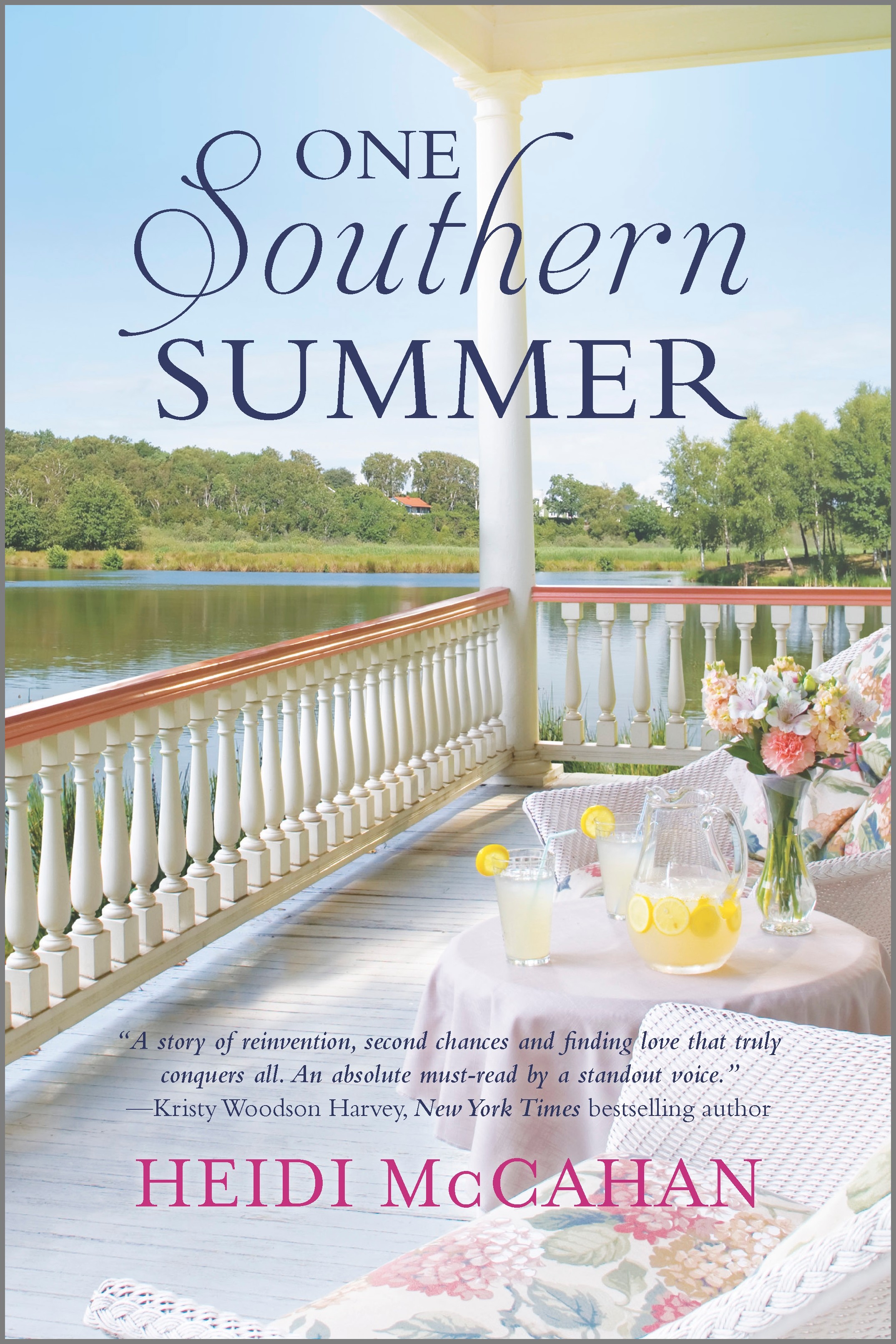 Cover image for ONE SOUTHERN SUMMER by Heidi McCahan, featuring a white wooden porch overlooking a lake. There is a table and chairs with lemonade on the porch