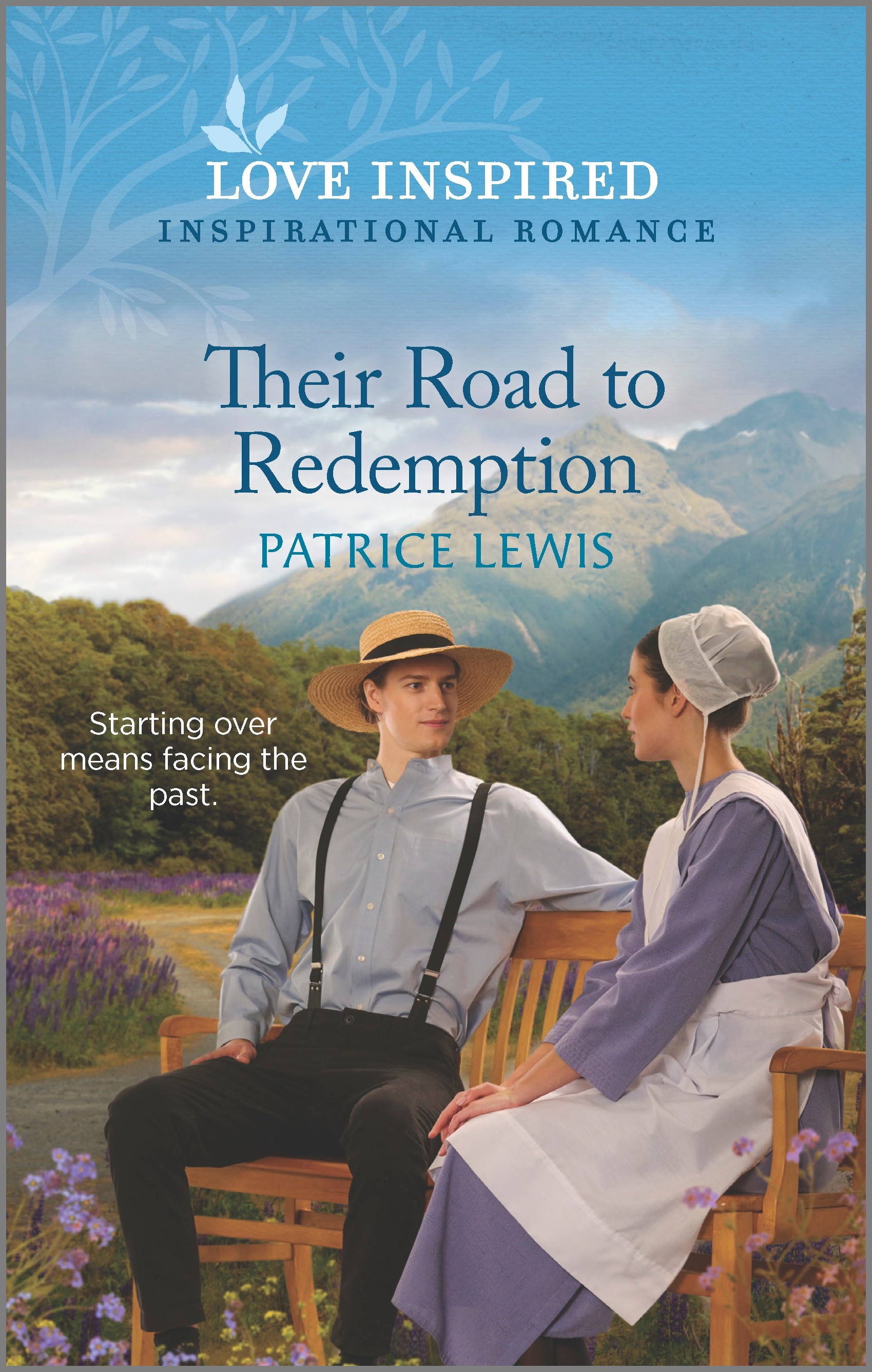 Cover image for THEIR ROAD TO REDEMPTION by Patrice Lewis, featuring an amish man and woman sitting on a wooden bench outdoors, surrounded by purple flowers.