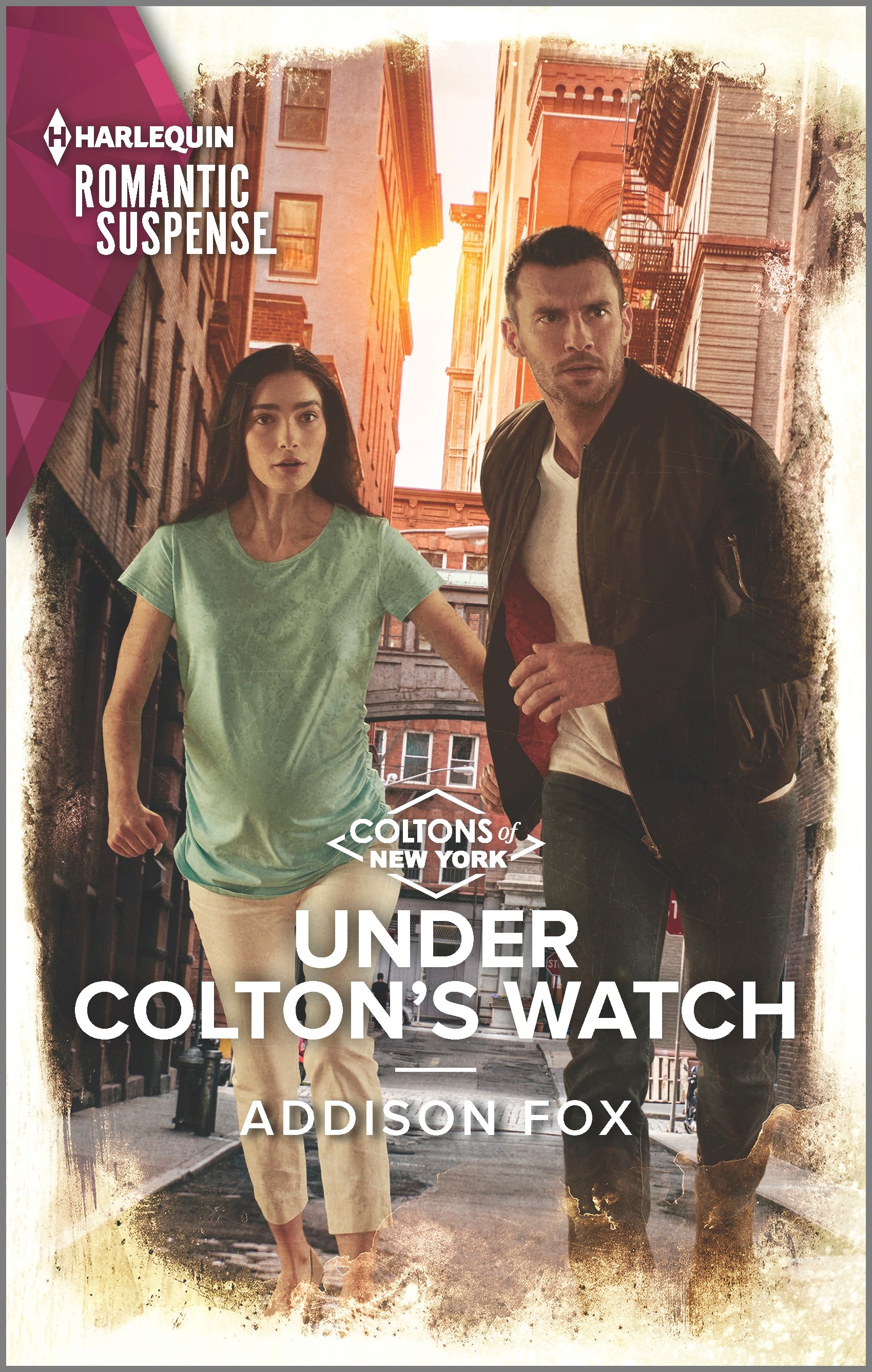 Cover image for UNDER COLTON'S WATCH by Addison Fox, featuring a woman and a man running down a city street. The sun is setting behind them. 