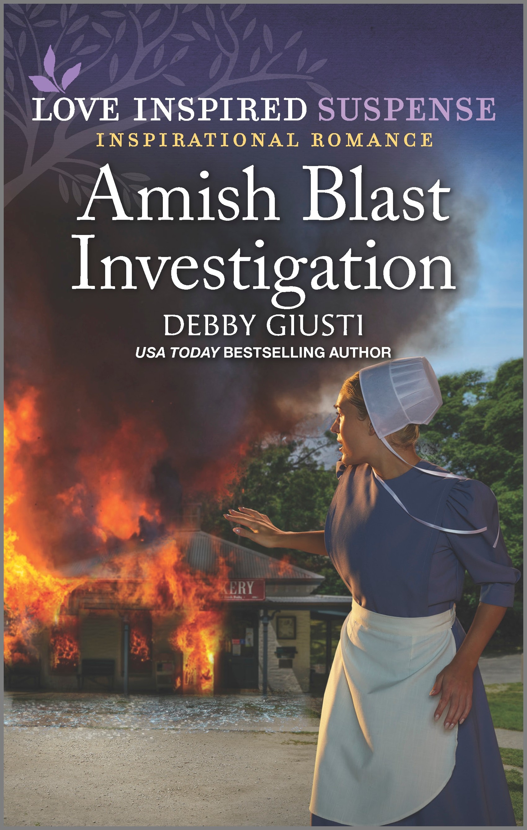 Cover image for AMISH BLAST INVESTIGATION by Debby Giusti, featuring an amish woman looking over her shoulder in shock at a cabin that is on fire.