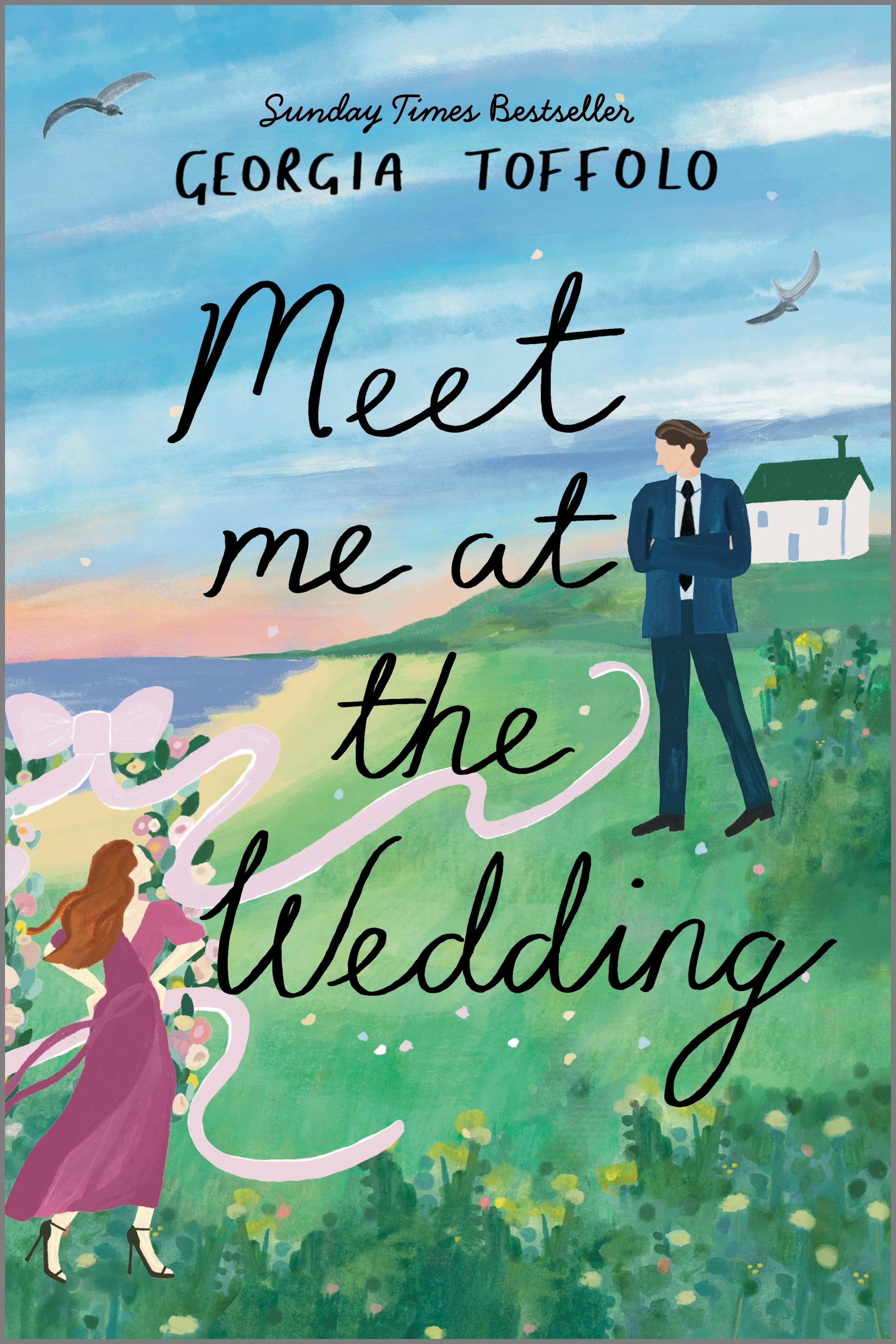Cover image for MEET ME AT THE WEDDING by Georgia Toffolo, featuring an illustration of a man and a woman. The man is looking down at the woman from the top of a hill, while the woman is looking up at him.