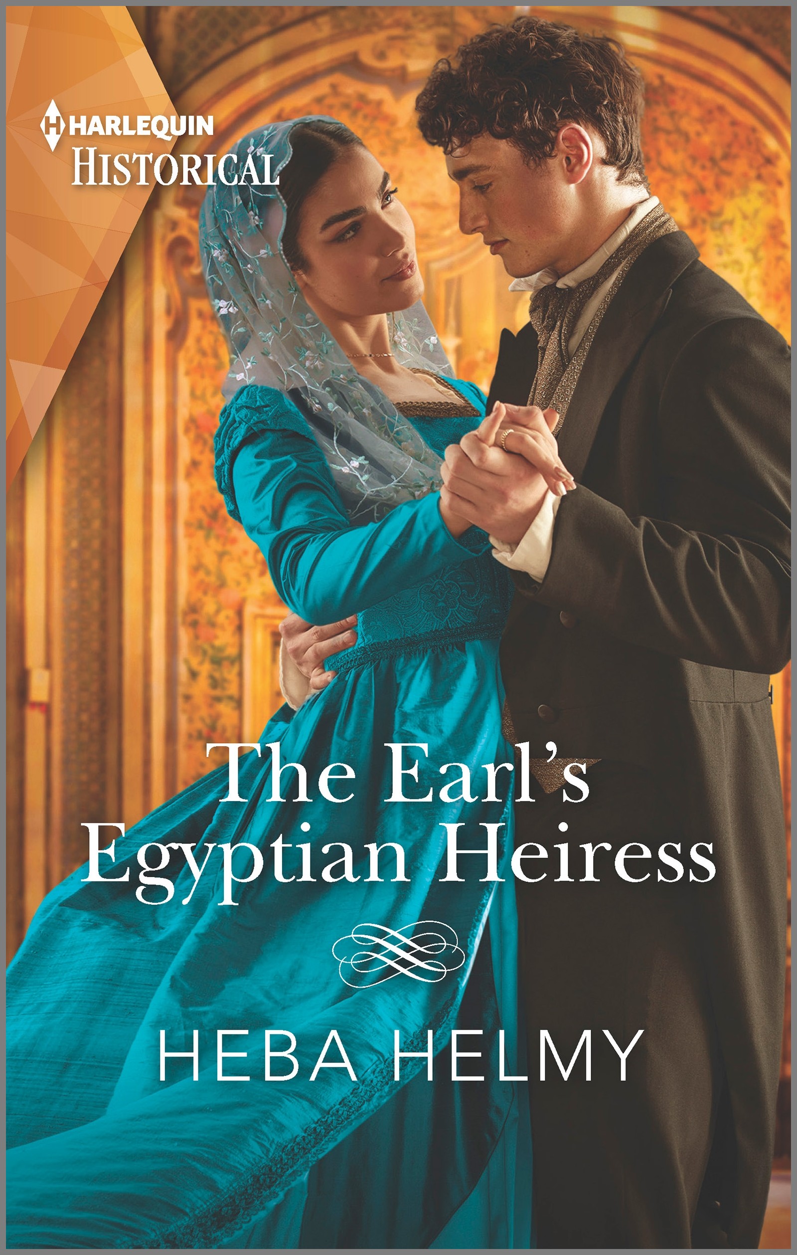 Cover image for THE EARL'S EGYPTIAN HEIRESS by Heba Helmy, featuring a man and a woman dancing. They are wearing Victorian clothing. 